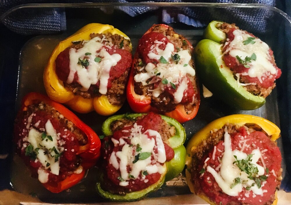 Mix up the red, green and yellow bell peppers, and add as much cheese to melt on top as you like.